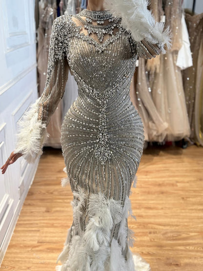 Luxury Grey Nude Crystal Beaded Mermaid Dress with Feathers LA73609 SERENE HILL