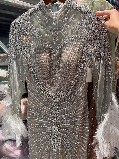 Luxury Grey Nude Crystal Beaded Mermaid Dress with Feathers LA73609 SERENE HILL