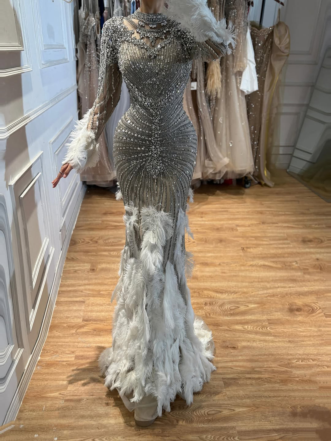 Luxury Grey Nude Crystal Beaded Mermaid Dress with Feathers LA73609 SERENE HILL