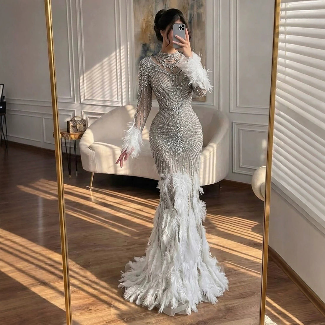 Luxury Grey Nude Crystal Beaded Mermaid Dress with Feathers LA73609 SERENE HILL