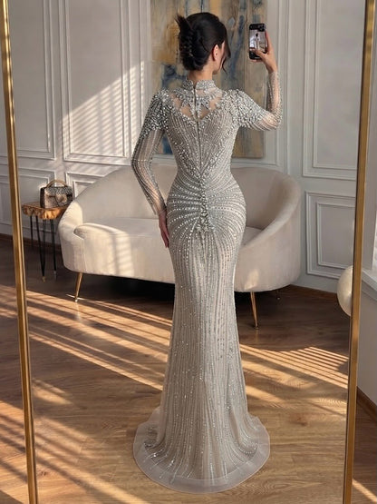 Luxury Silver Nude Beaded High Neck Mermaid Evening Dress LA73609A SERENE HILL