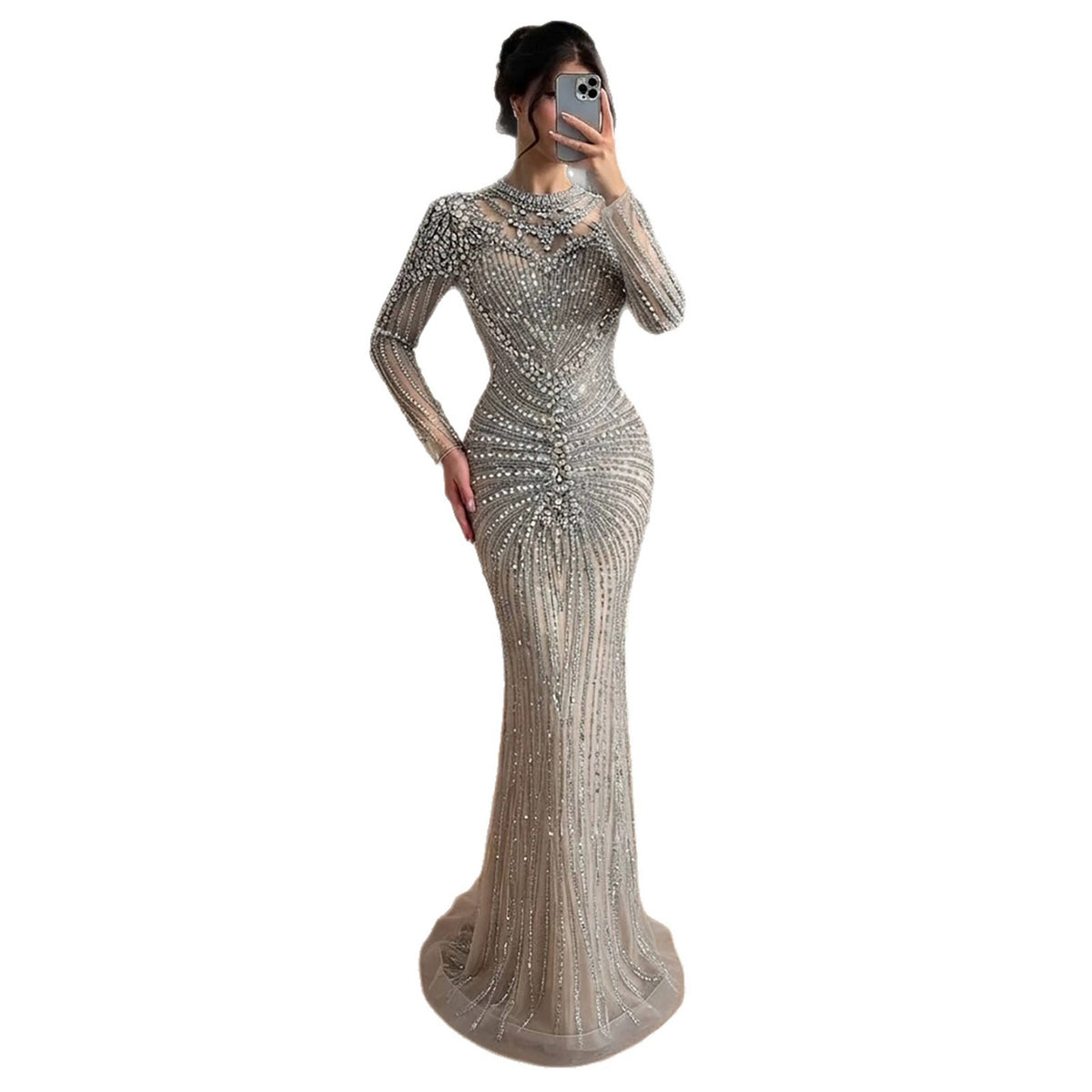 Luxury Silver Nude Beaded High Neck Mermaid Evening Dress LA73609A SERENE HILL