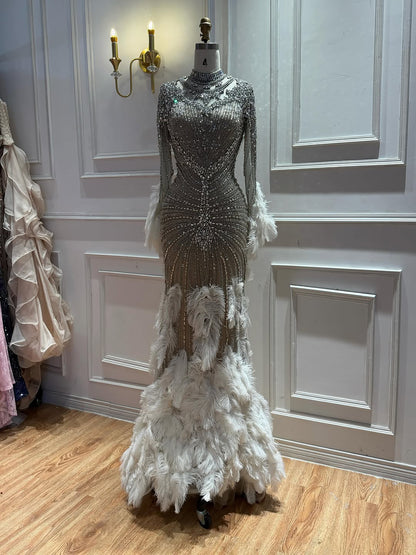 Luxury Grey Nude Crystal Beaded Mermaid Dress with Feathers LA73609 SERENE HILL