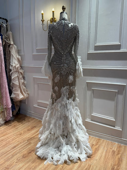 Luxury Grey Nude Crystal Beaded Mermaid Dress with Feathers LA73609 SERENE HILL