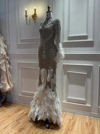 Luxury Grey Nude Crystal Beaded Mermaid Dress with Feathers LA73609 SERENE HILL