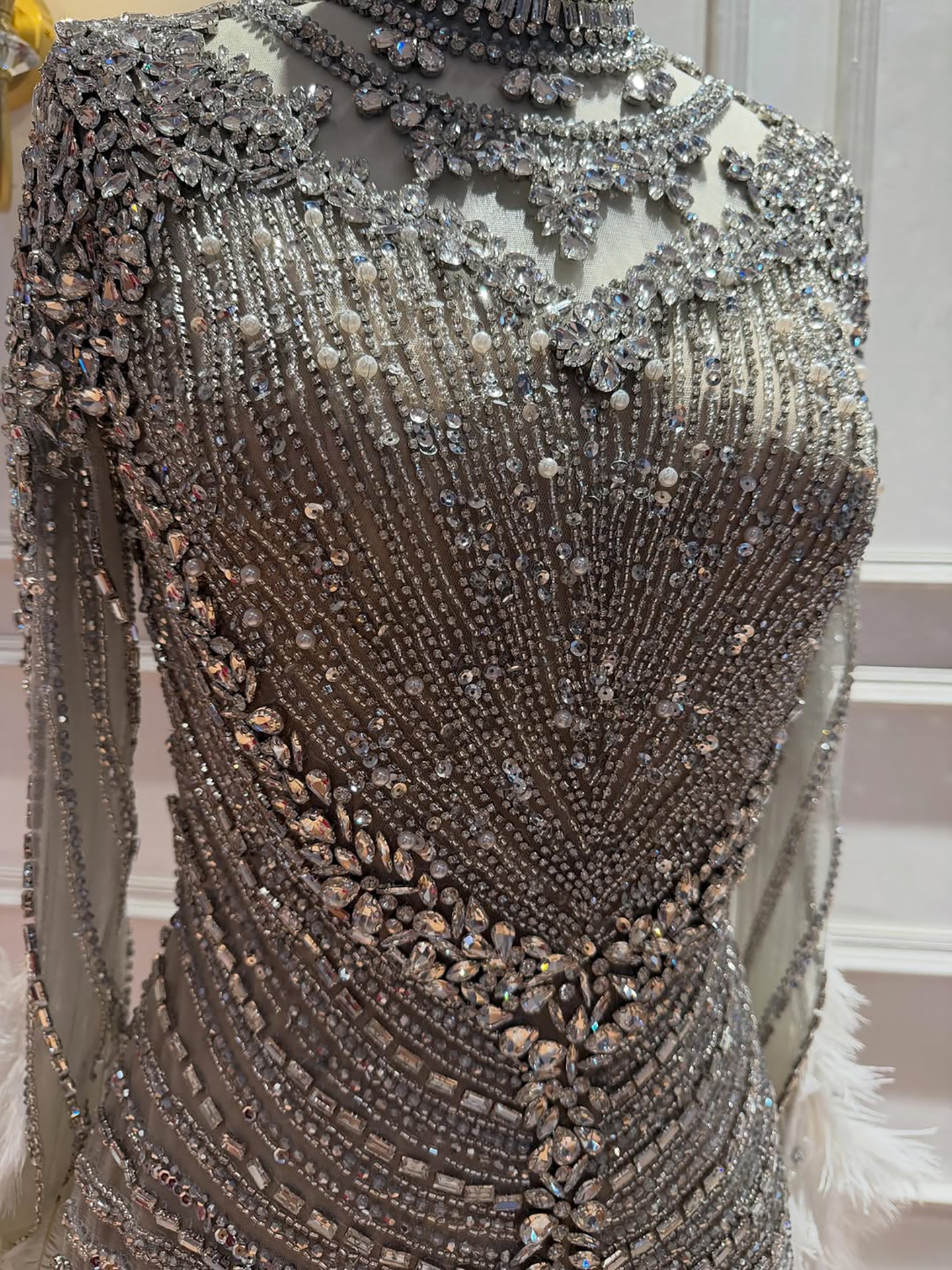 Luxury Grey Nude Crystal Beaded Mermaid Dress with Feathers LA73609 SERENE HILL
