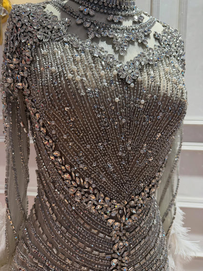 Luxury Grey Nude Crystal Beaded Mermaid Dress with Feathers LA73609 SERENE HILL