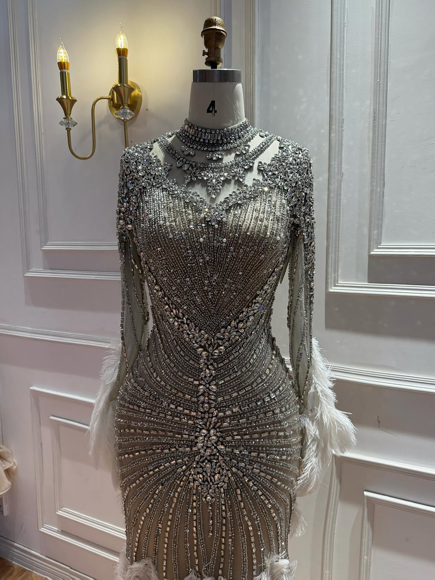 Luxury Grey Nude Crystal Beaded Mermaid Dress with Feathers LA73609 SERENE HILL