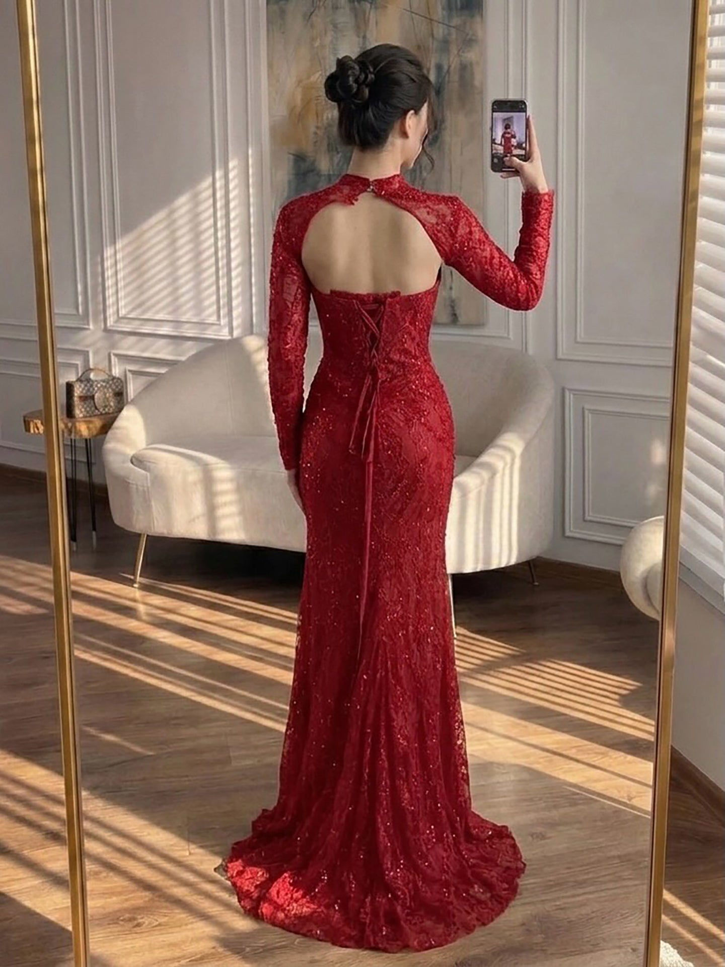 Luxury Red Beaded Long Sleeves Mermaid Evening Dress LA73610 SERENE HILL