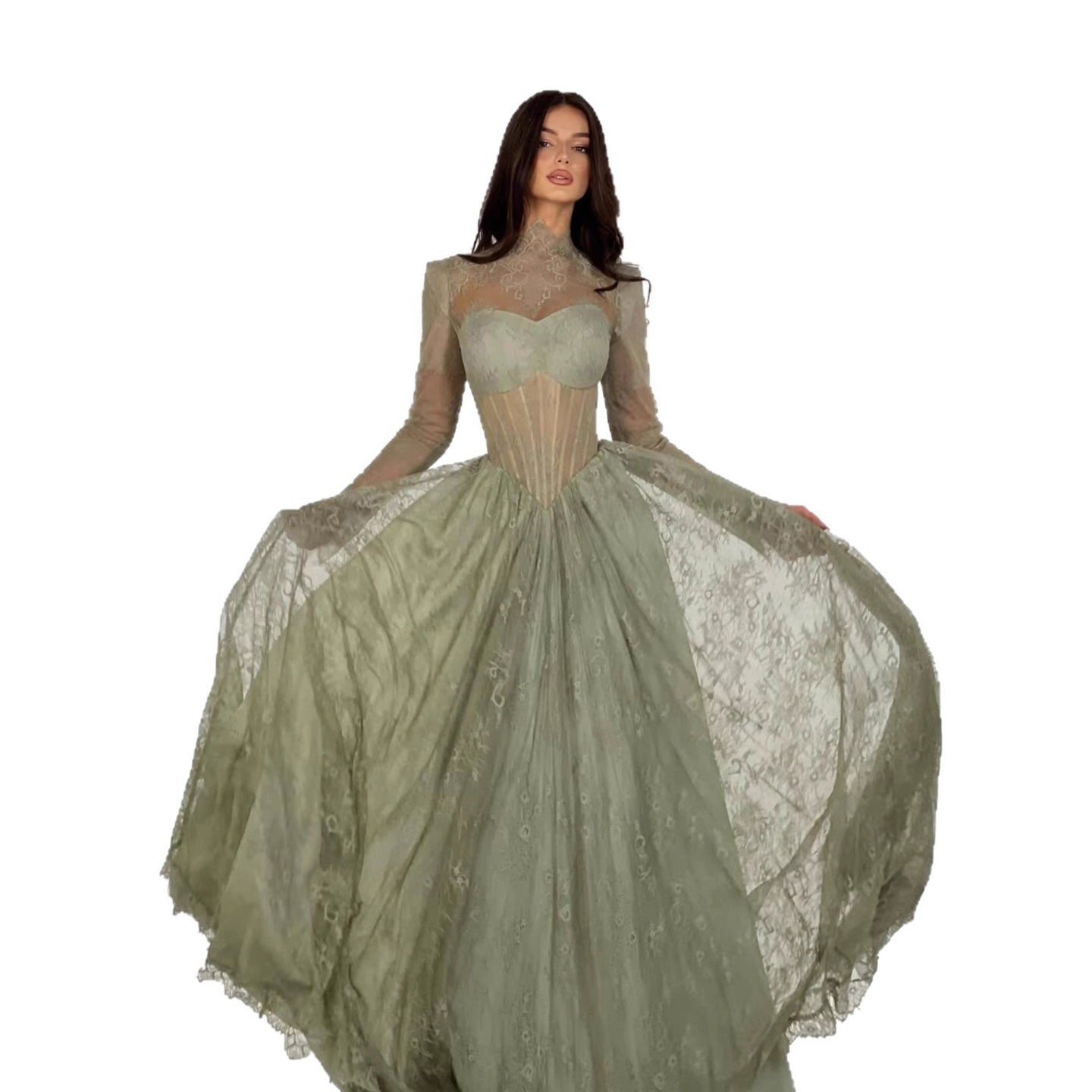Dubai Sage Green High Neck Long Sleeve Lace A Line Evening Dress LA73611 - SERENE  HILL