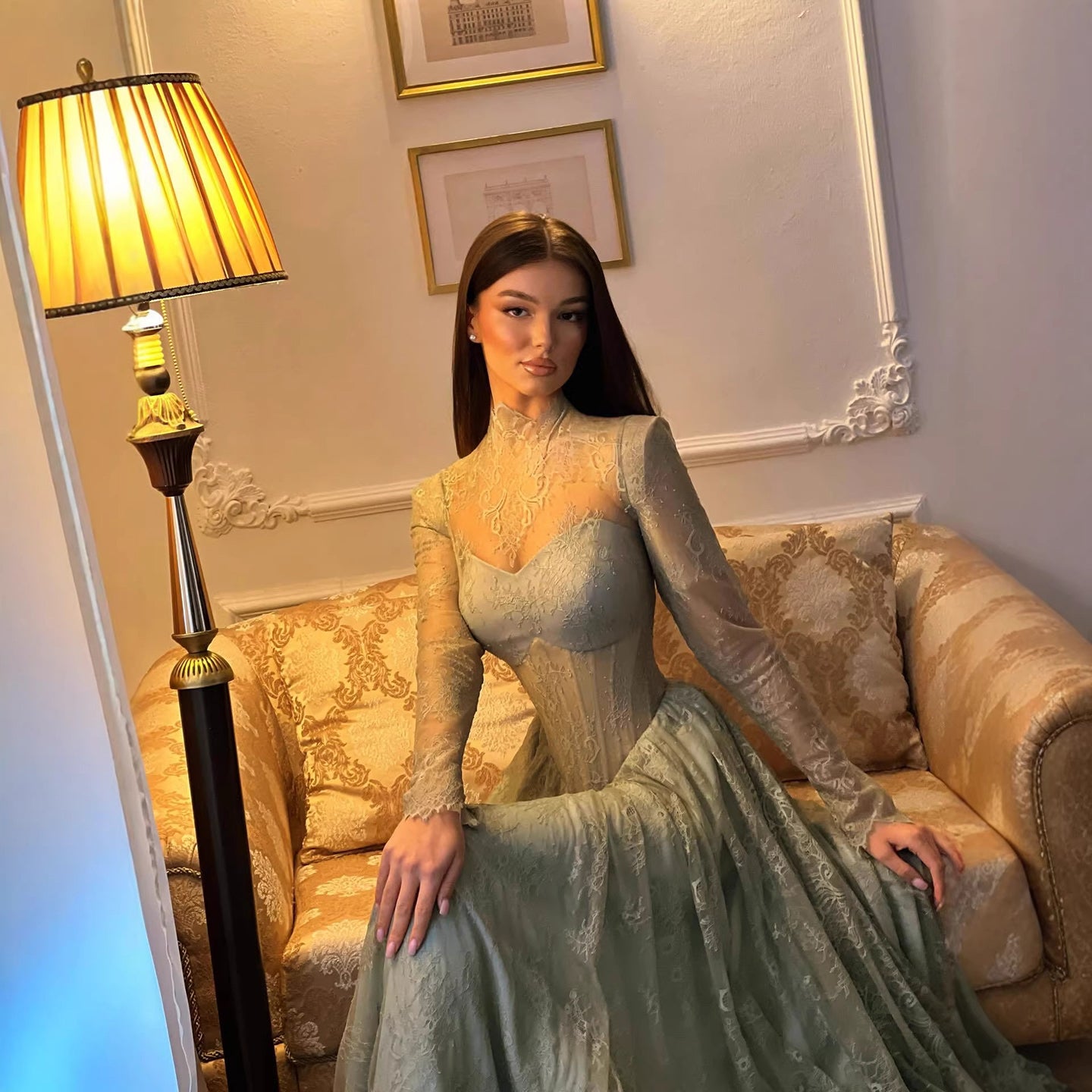 Dubai Sage Green High Neck Long Sleeve Lace A Line Evening Dress LA73611 - SERENE  HILL