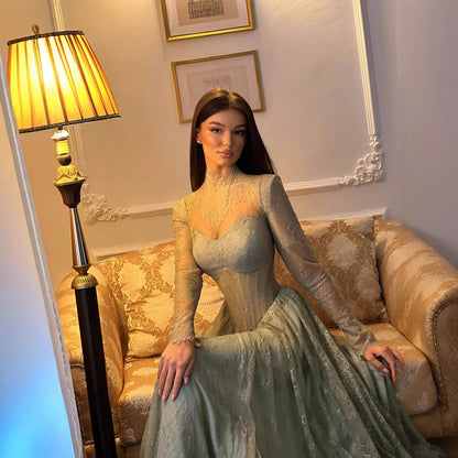 Dubai Sage Green High Neck Long Sleeve Lace A Line Evening Dress LA73611 - SERENE  HILL