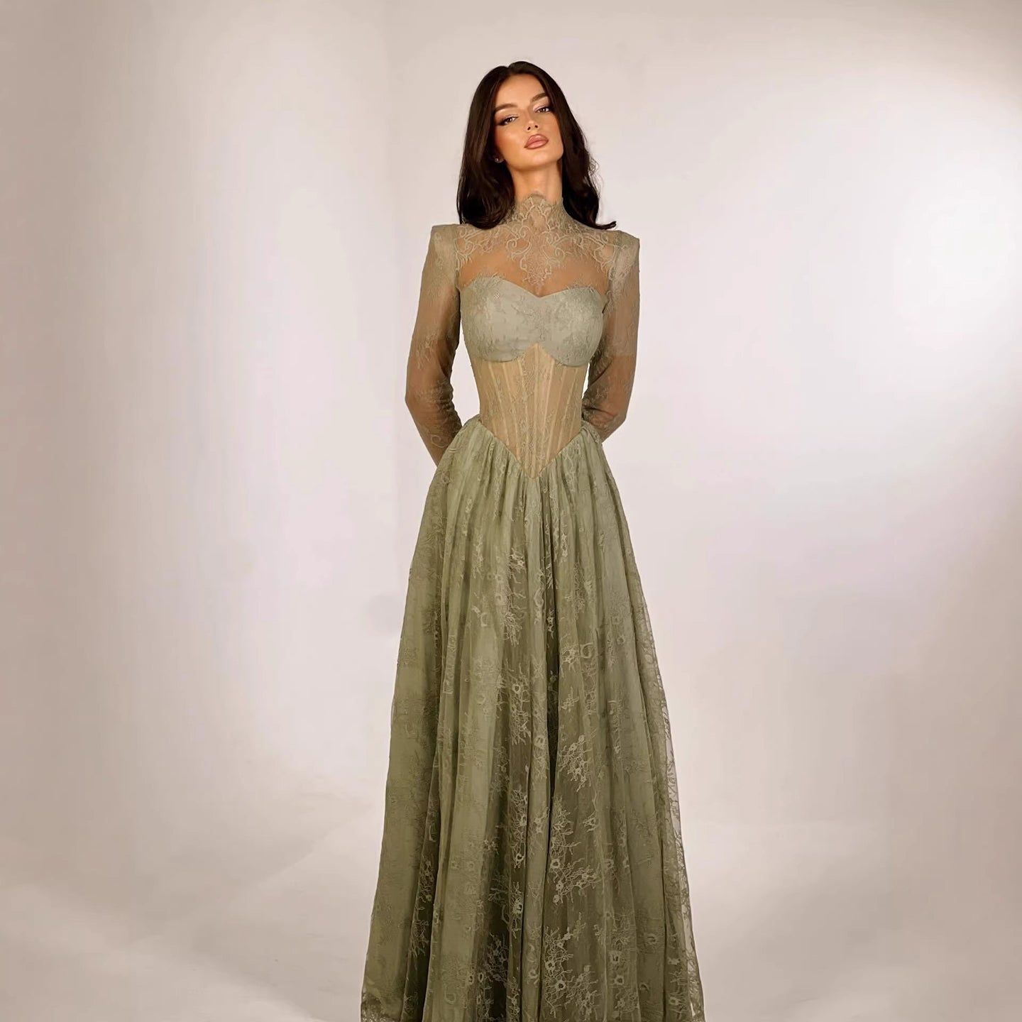 Dubai Sage Green High Neck Long Sleeve Lace A Line Evening Dress LA73611 - SERENE  HILL