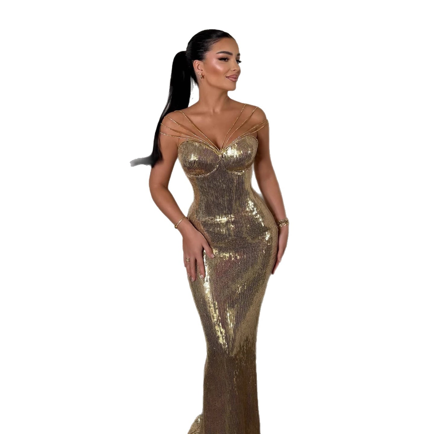 gold sparkly mermaid prom dress Royal Queen Rq8059 Sleeveless Embroidered Applique Sequin Gala Dress main image 1