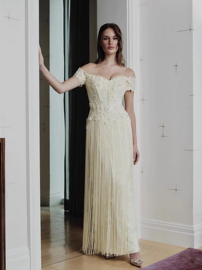 Luxury Yellow Beaded Tassel Off Shoulder Evening Dress LA73614 - SERENE  HILL