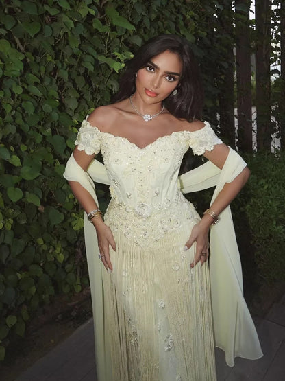 Luxury Yellow Beaded Tassel Off Shoulder Evening Dress LA73614 - SERENE  HILL
