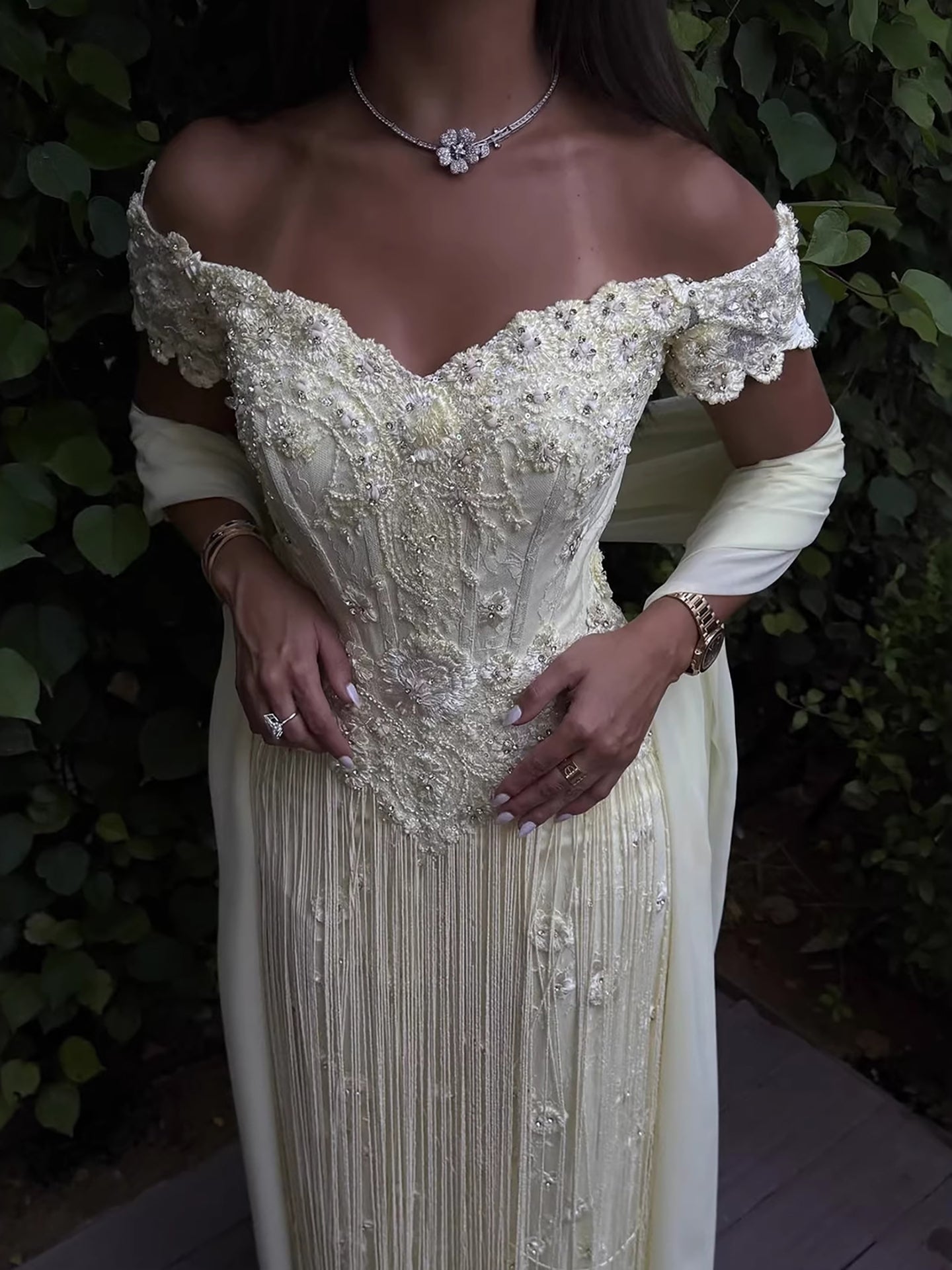 Luxury Yellow Beaded Tassel Off Shoulder Evening Dress LA73614 - SERENE  HILL