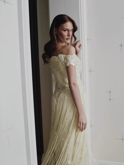 Luxury Yellow Beaded Tassel Off Shoulder Evening Dress LA73614 - SERENE  HILL