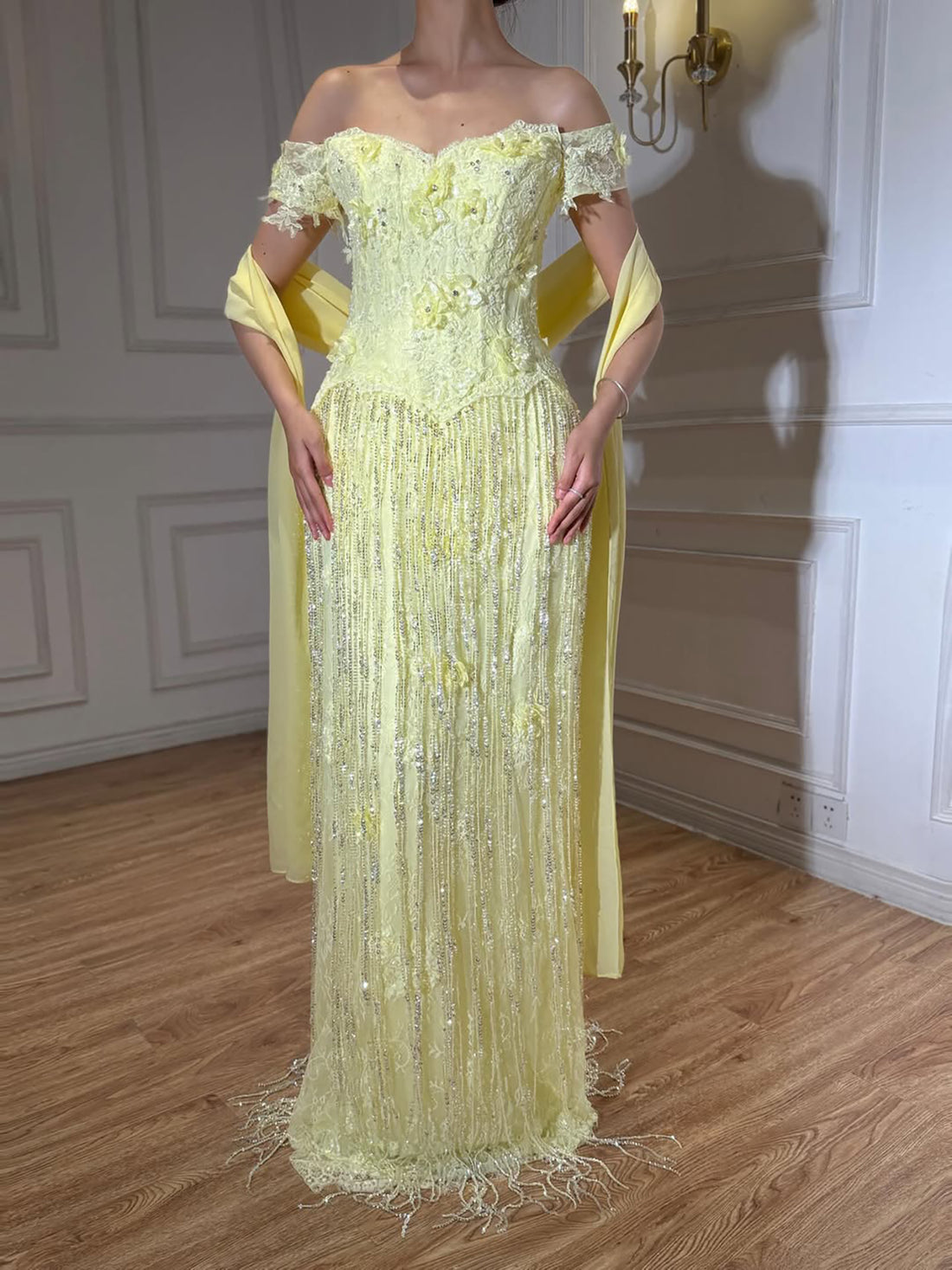 Luxury Yellow Beaded Tassel Off Shoulder Evening Dress LA73614