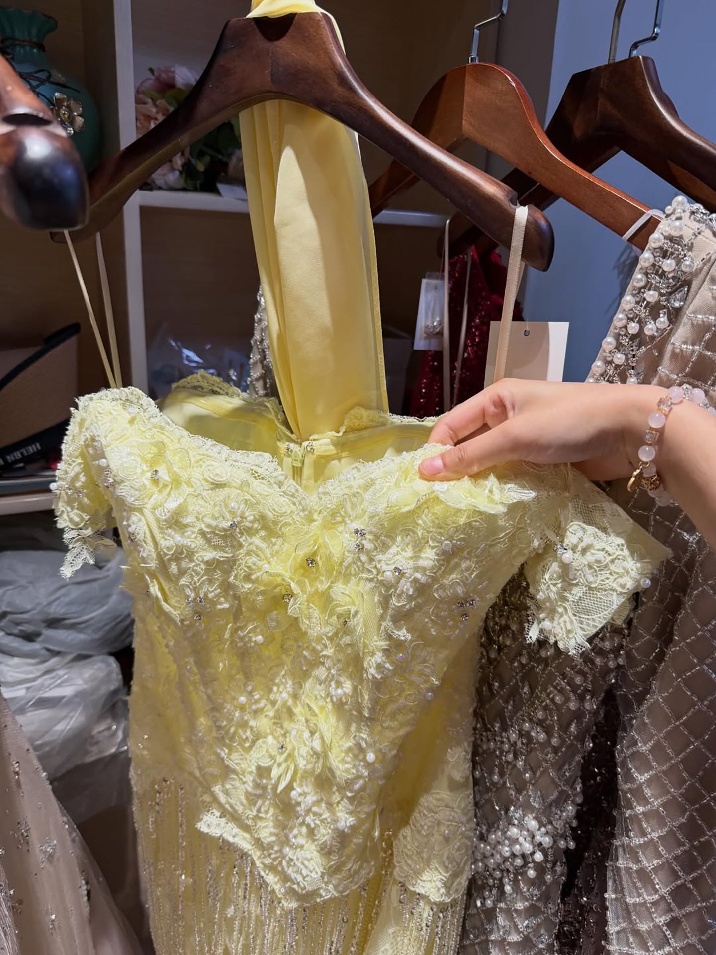 Luxury Yellow Beaded Tassel Off Shoulder Evening Dress LA73614