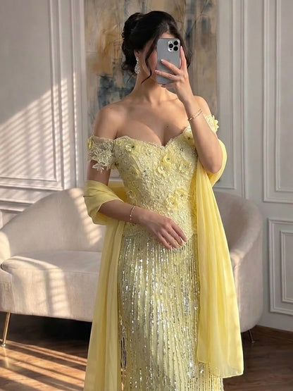 Luxury Yellow Beaded Tassel Off Shoulder Evening Dress LA73614