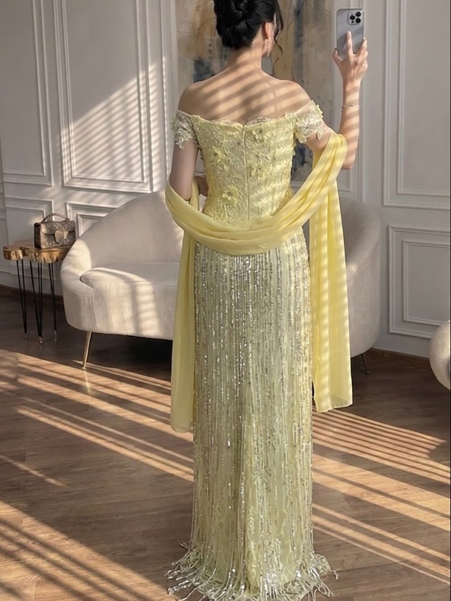Luxury Yellow Beaded Tassel Off Shoulder Evening Dress LA73614