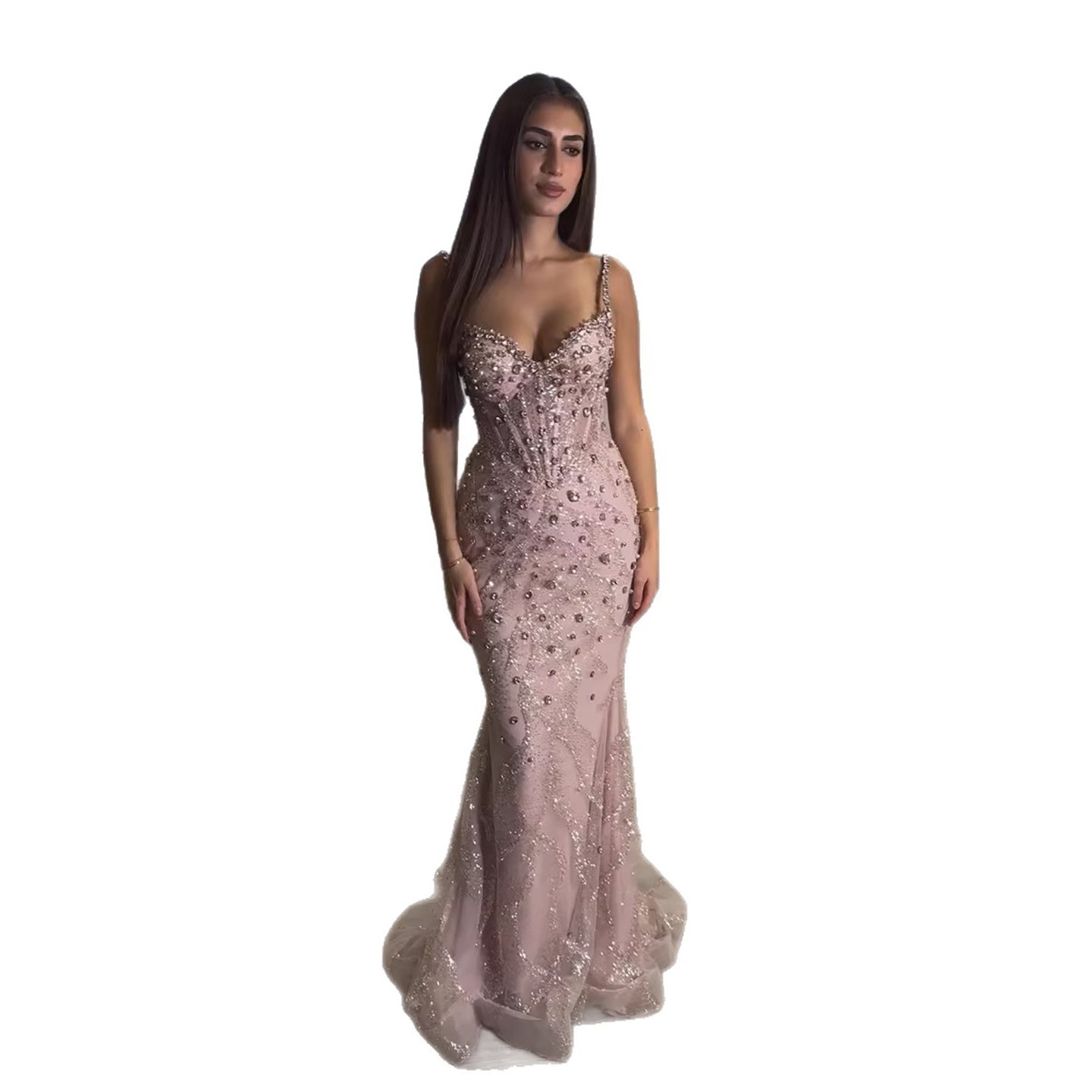 Luxury Pink Beaded Crystal Mermaid Evening Dress LA73621 - SERENE  HILL