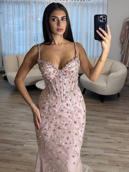 Luxury Pink Beaded Crystal Mermaid Evening Dress LA73621 - SERENE  HILL