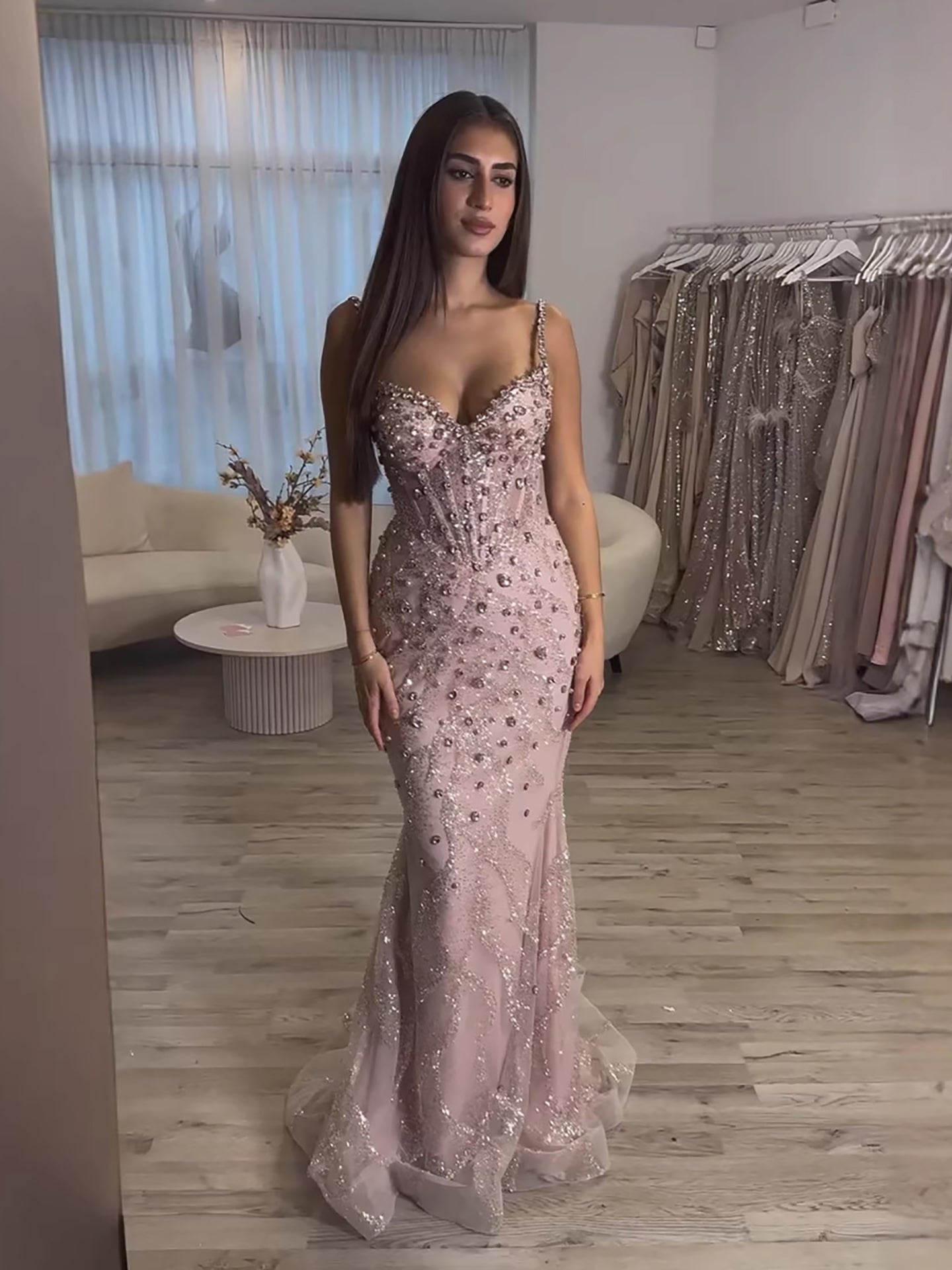 Luxury Pink Beaded Crystal Mermaid Evening Dress LA73621 - SERENE  HILL