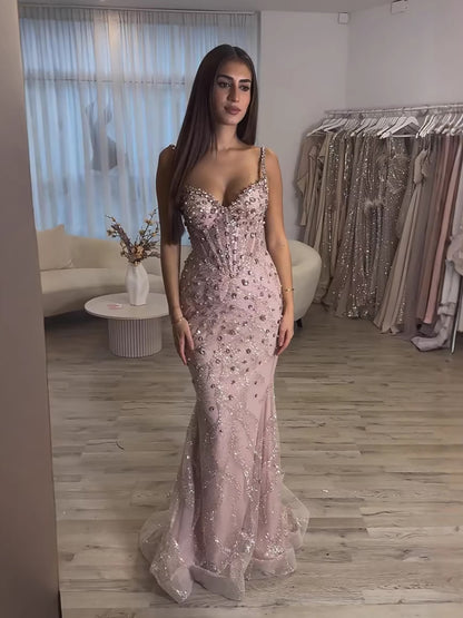 Luxury Pink Beaded Crystal Mermaid Evening Dress LA73621 - SERENE  HILL