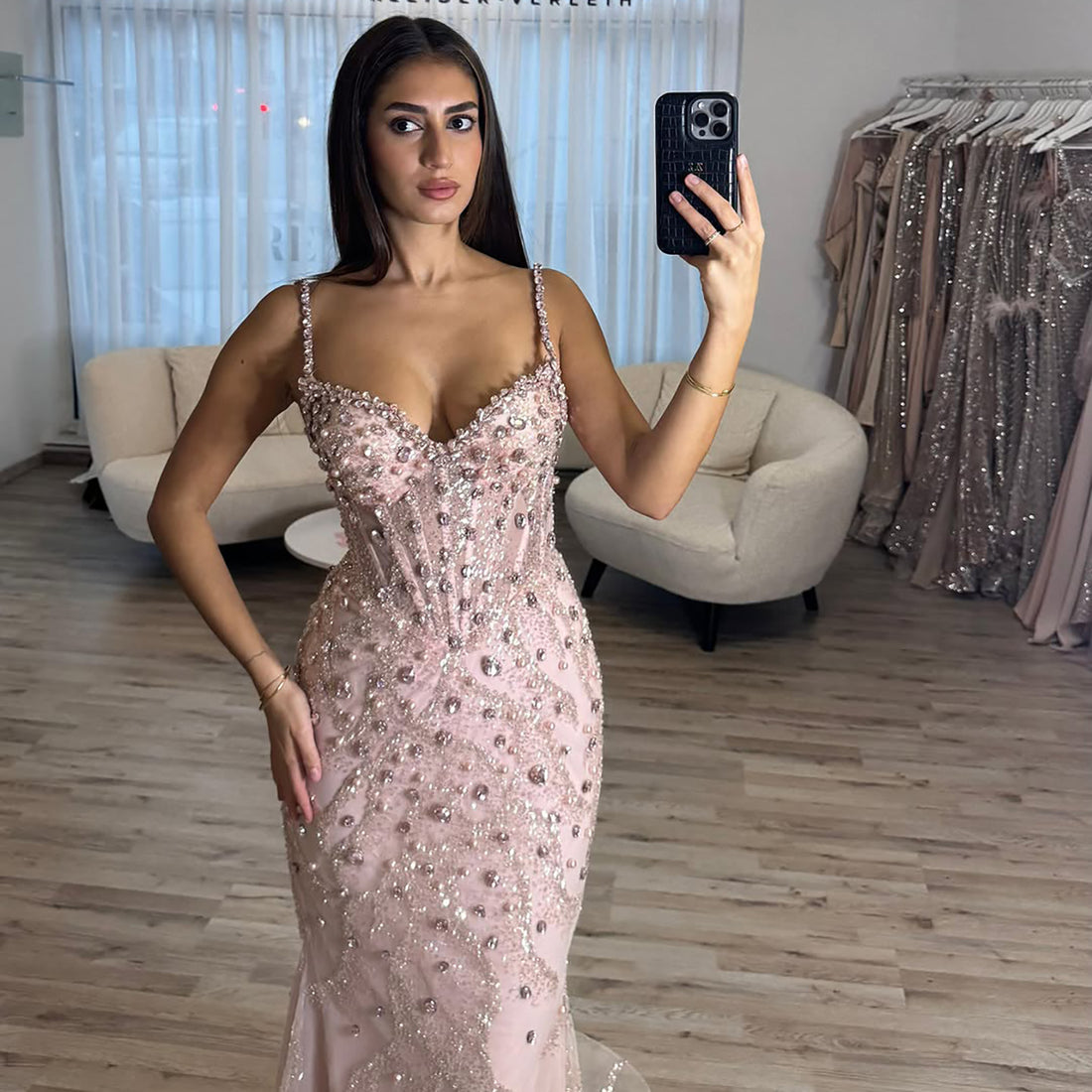 Luxury Pink Beaded Crystal Mermaid Evening Dress LA73621 - SERENE  HILL