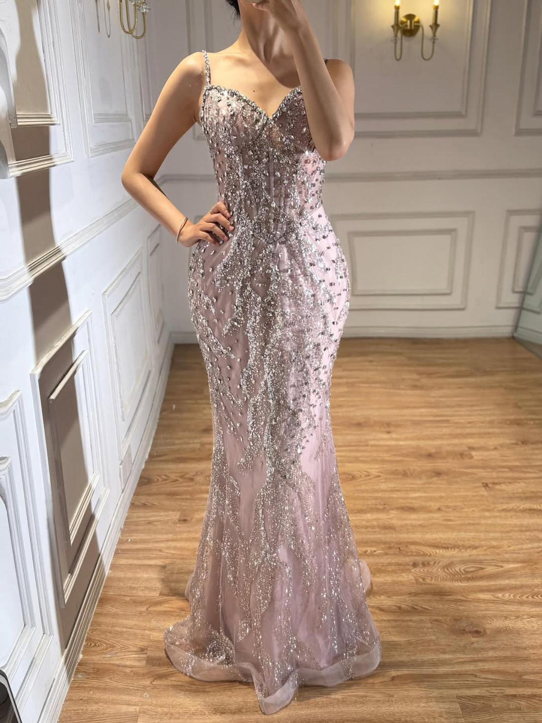 Luxury Pink Beaded Crystal Mermaid Evening Dress LA73621