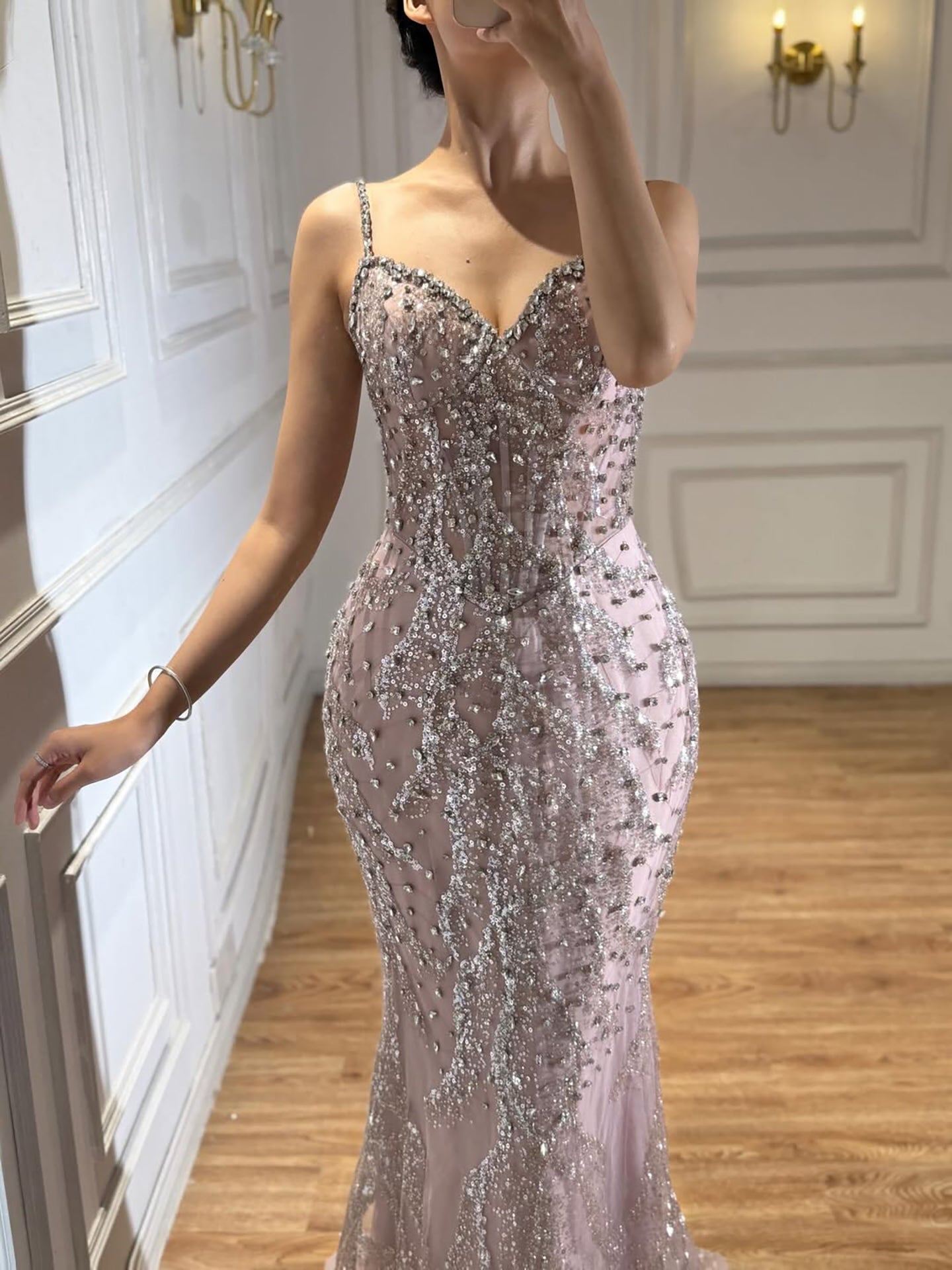 Luxury Pink Beaded Crystal Mermaid Evening Dress LA73621
