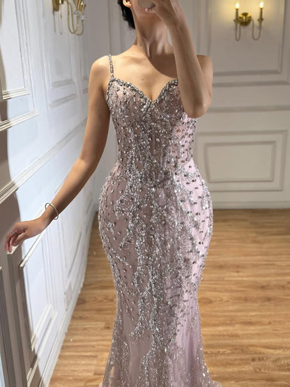 Luxury Pink Beaded Crystal Mermaid Evening Dress LA73621