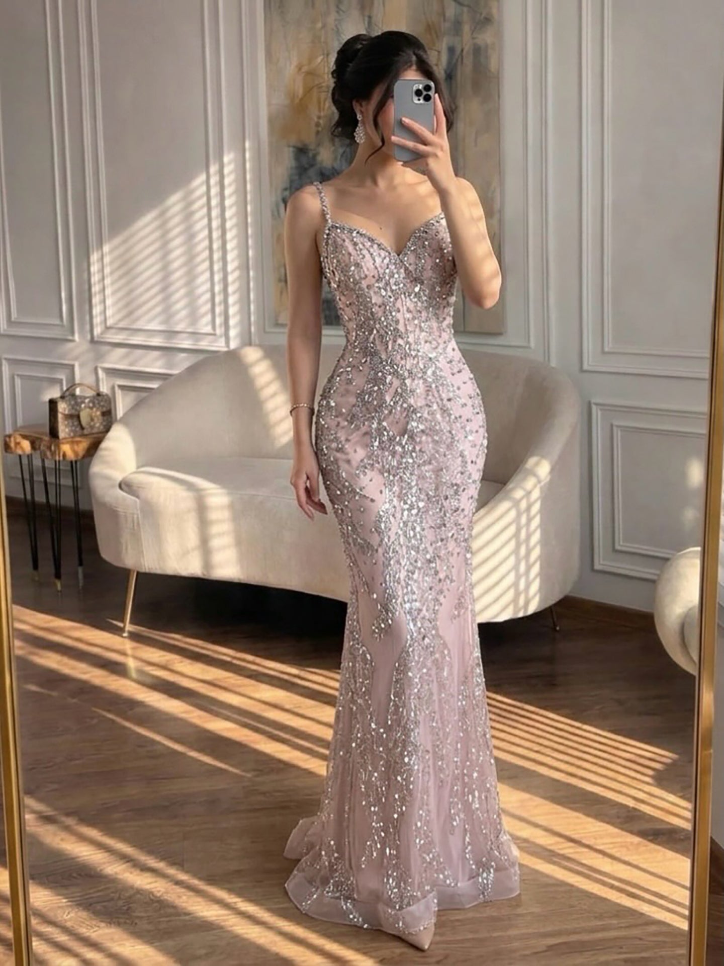 Luxury Pink Beaded Crystal Mermaid Evening Dress LA73621