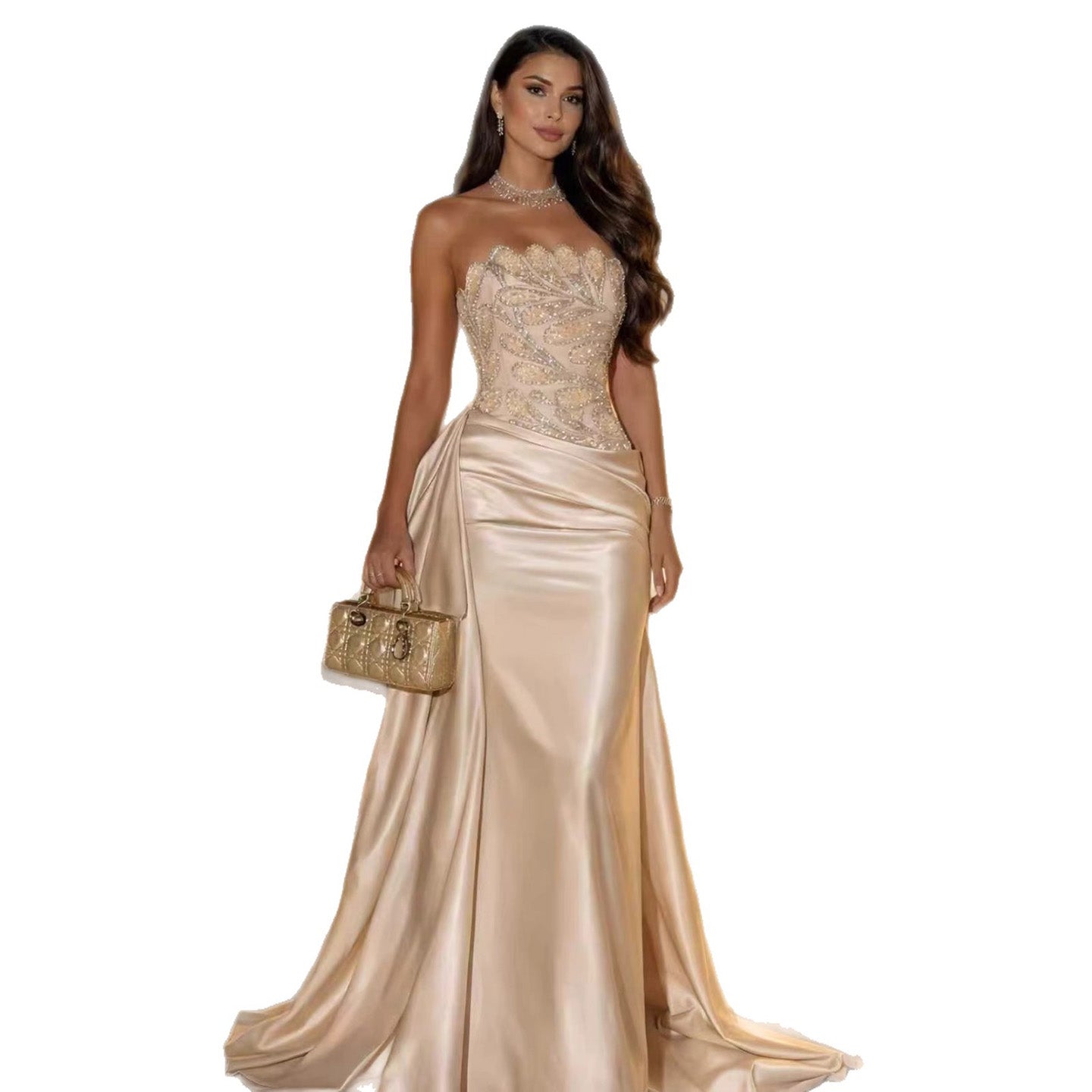Luxury Champagne Satin Beaded Mermaid Evening Dress LA73622 - SERENE  HILL