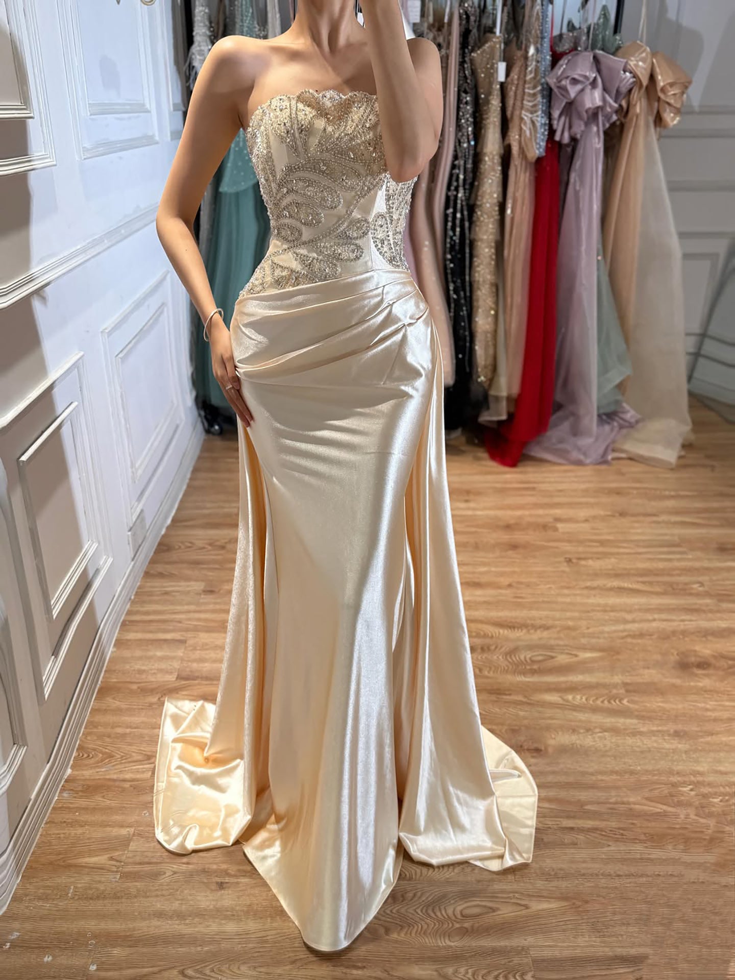 Luxury Champagne Satin Beaded Mermaid Evening Dress LA73622 SERENE HILL