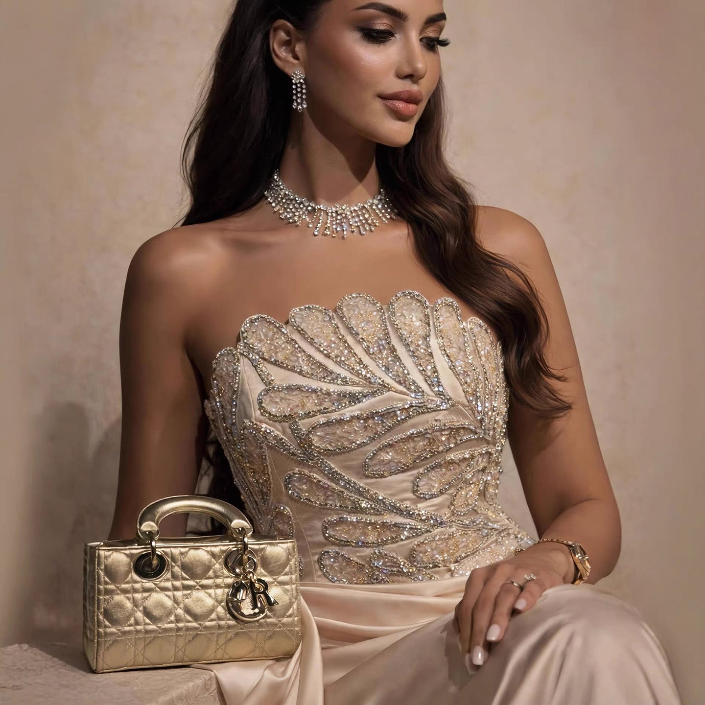 Luxury Champagne Satin Beaded Mermaid Evening Dress LA73622 - SERENE  HILL