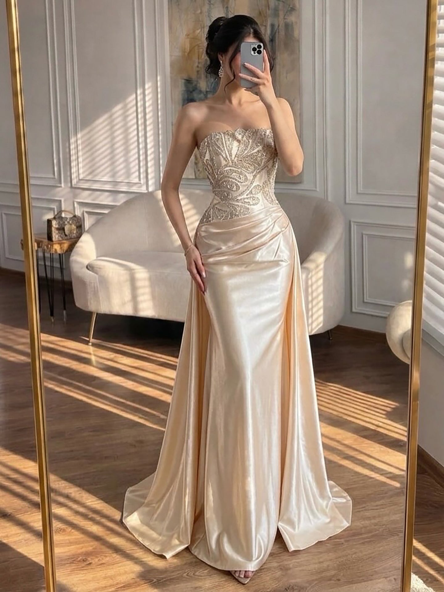 Luxury Champagne Satin Beaded Mermaid Evening Dress LA73622 SERENE HILL