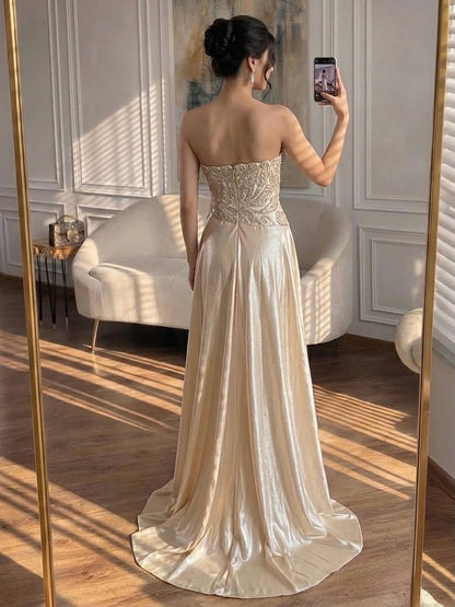 Luxury Champagne Satin Beaded Mermaid Evening Dress LA73622 SERENE HILL
