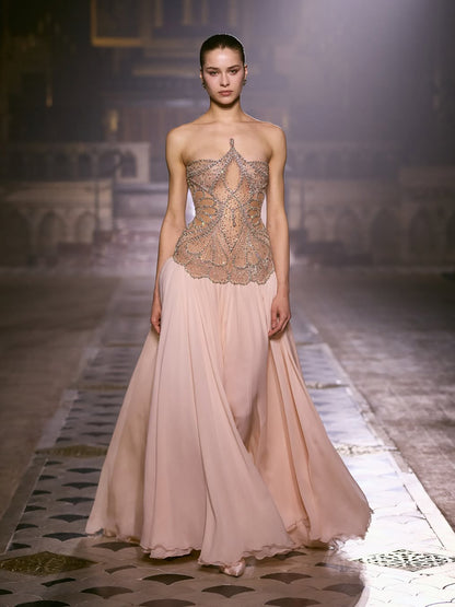 Luxury Nude Pink Beaded A-Line Evening Dress LA73623 - SERENE  HILL