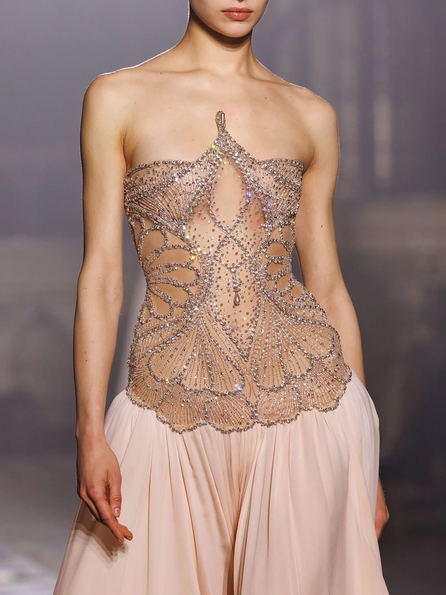 Luxury Nude Pink Beaded A-Line Evening Dress LA73623 - SERENE  HILL