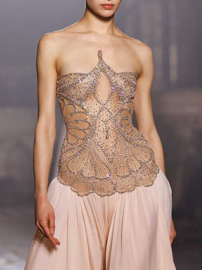 Luxury Nude Pink Beaded A-Line Evening Dress LA73623 - SERENE  HILL