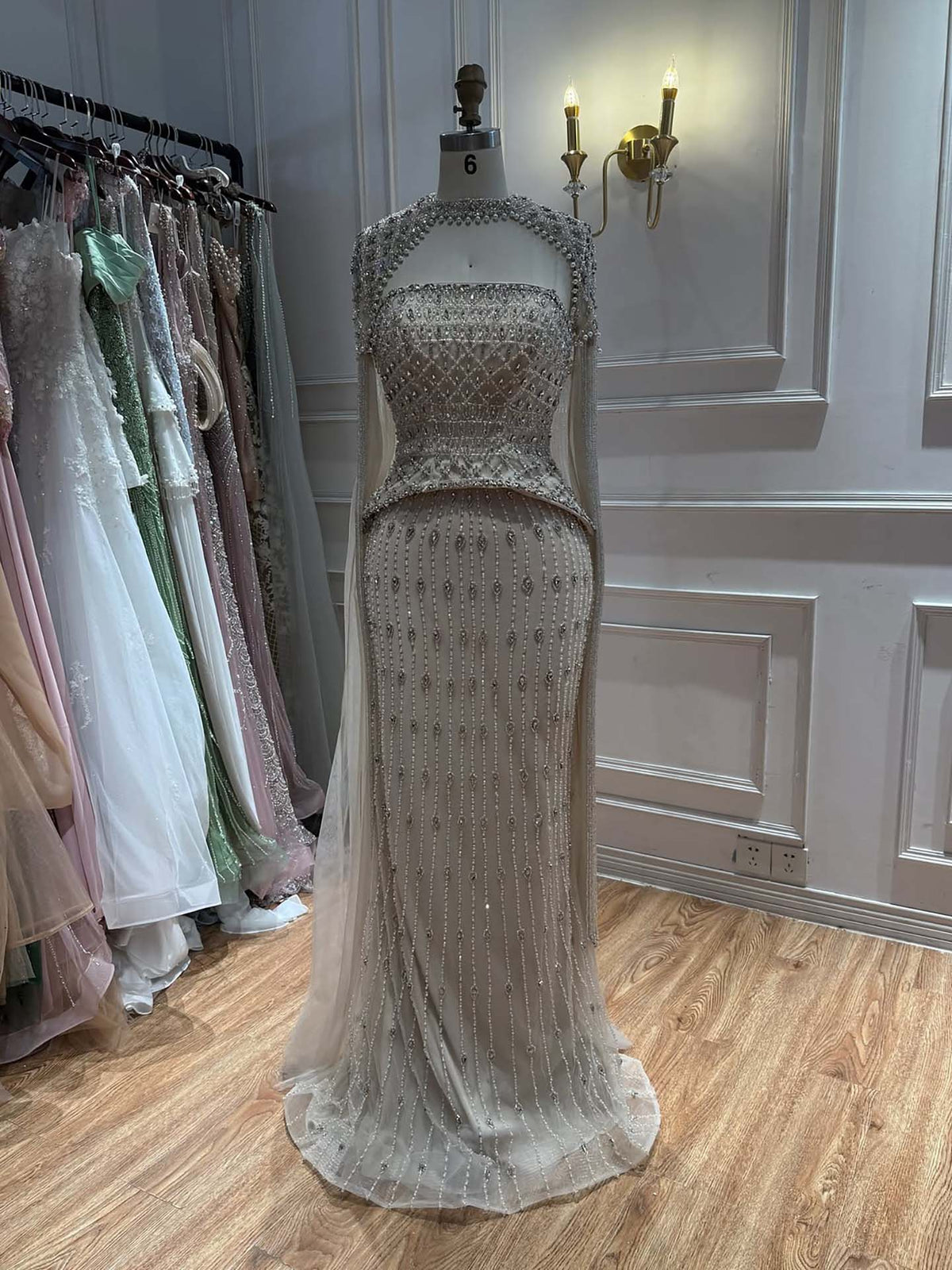 Luxury Beige Crystal Tassel Beaded Pearls Evening Dress LA73624