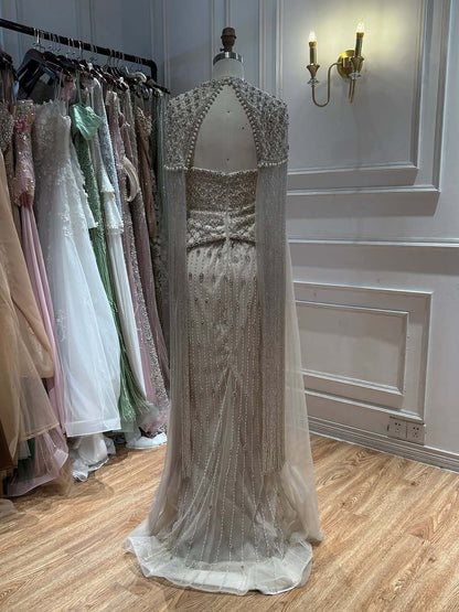 Luxury Beige Crystal Tassel Beaded Pearls Evening Dress LA73624