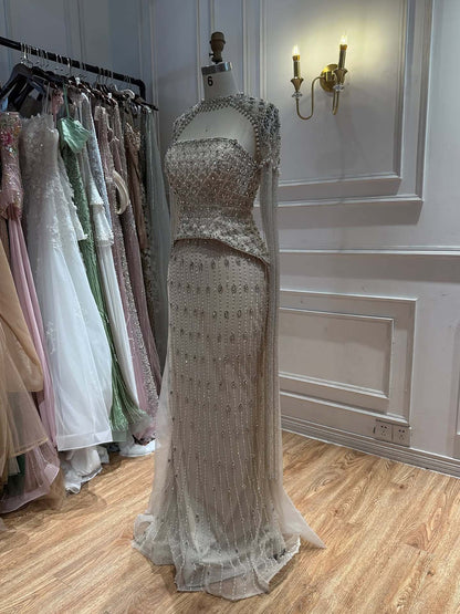 Luxury Beige Crystal Tassel Beaded Pearls Evening Dress LA73624