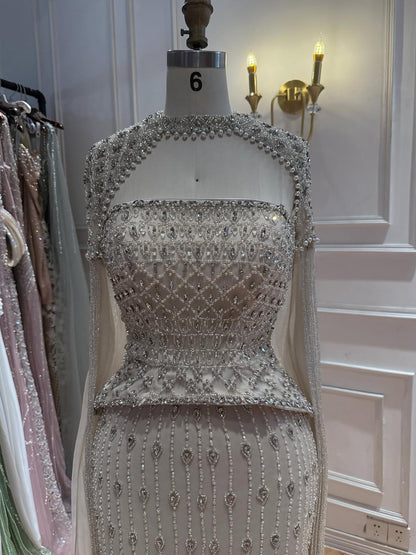 Luxury Beige Crystal Tassel Beaded Pearls Evening Dress LA73624