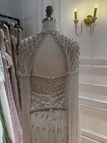 Luxury Beige Crystal Tassel Beaded Pearls Evening Dress LA73624