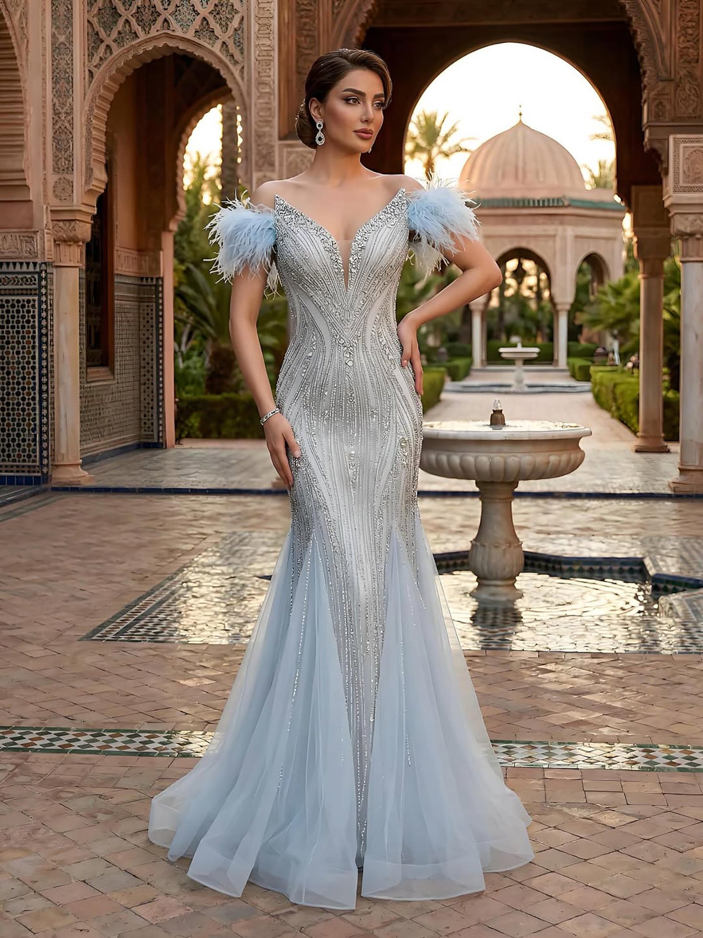 Luxury Beige Beaded Feather Mermaid Evening Dress LA73625 - Blue / 10
