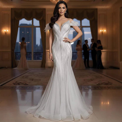 Luxury Beige Beaded Feather Mermaid Evening Dress LA73625 - SERENE  HILL